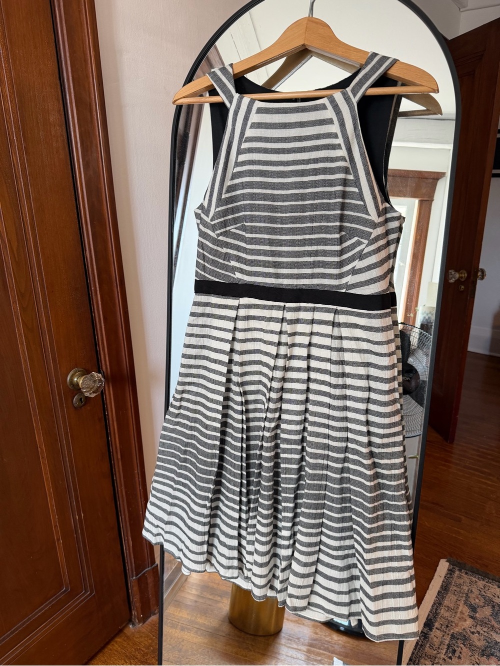 Striped Sleeveless Cotton Fit & Flare Dress in Black/Grey and White